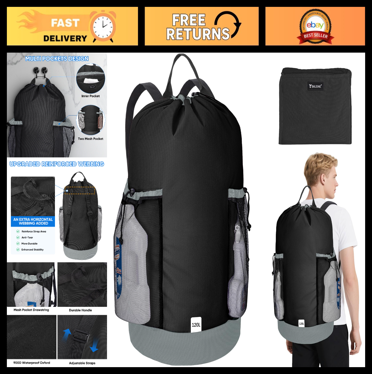 120L Large Laundry Backpack Bag - Durable 900D Oxford Fabric, Mesh Pockets, Idea0