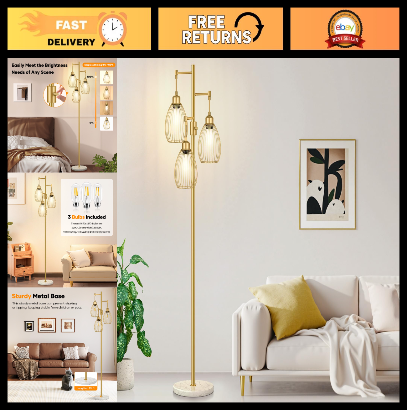 Dimmable Floor Lamp with 3 LED Bulbs, Industrial Tree Design, Gold & Marble Base0