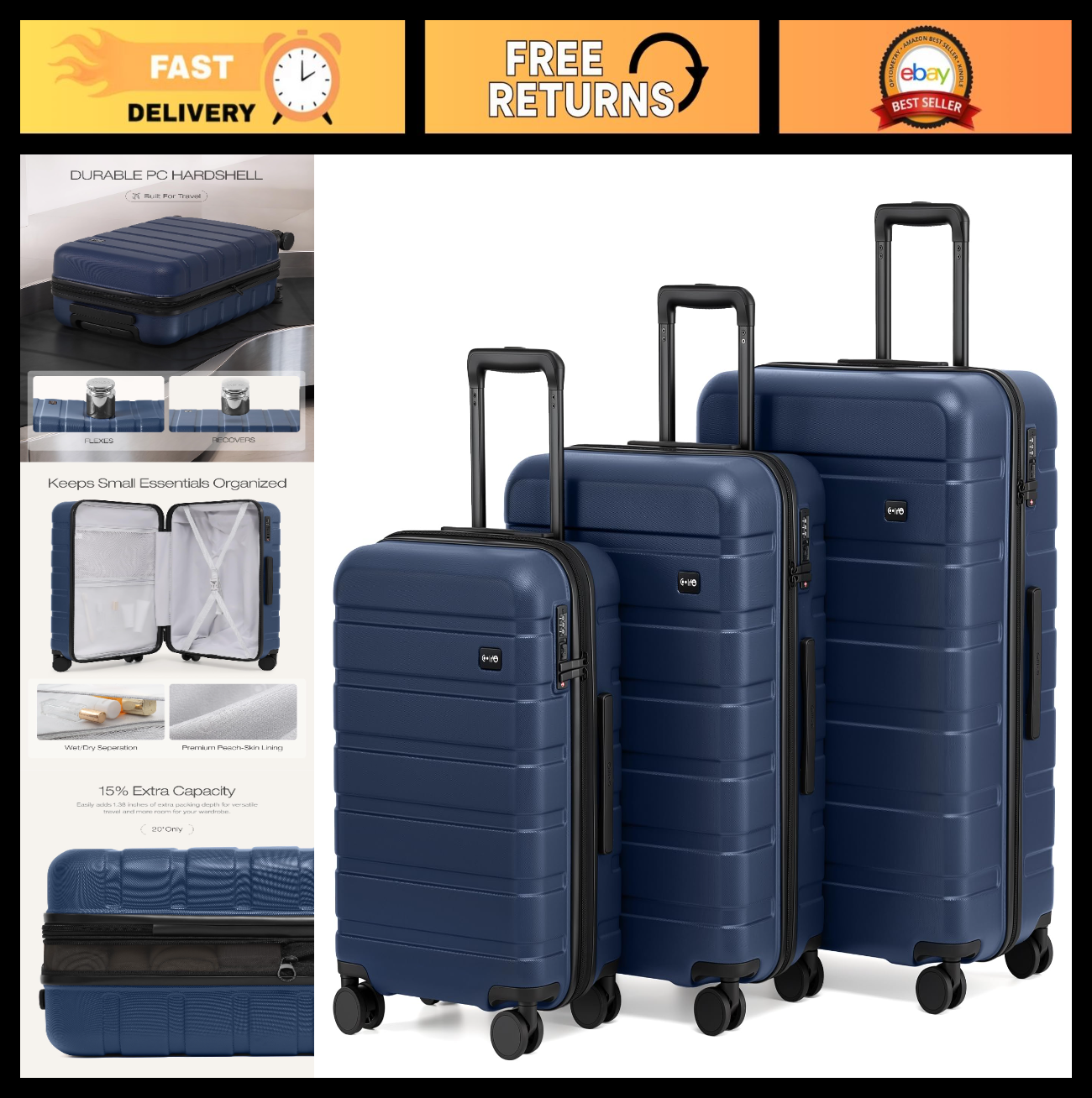 Lightweight 3-Piece Hardshell Luggage Set, Navy Blue, Expandable, TSA Lock, 360°0