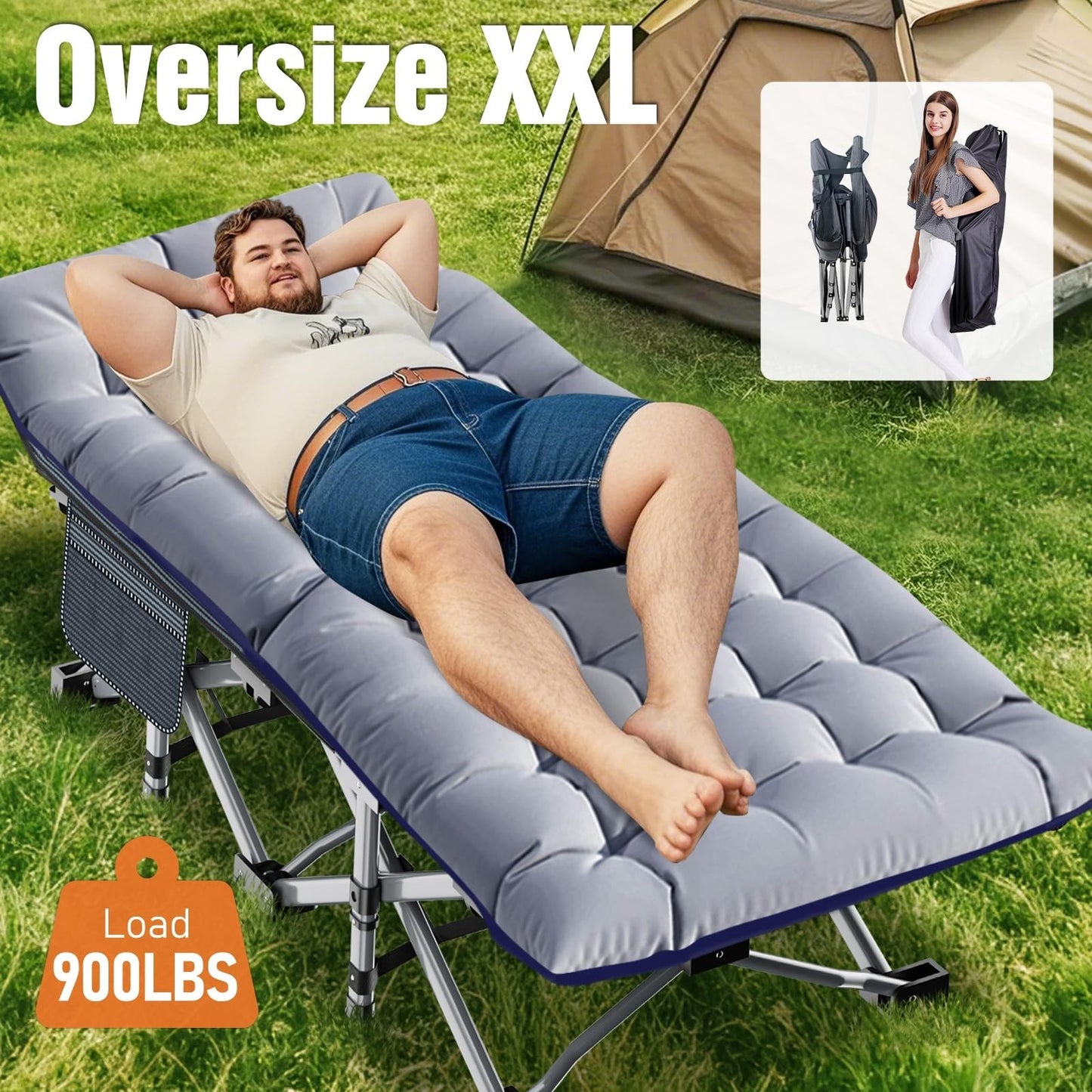 Oversized Folding Camping Cot for Adults   32" Wide, 900LBS Capacity, Includes P3