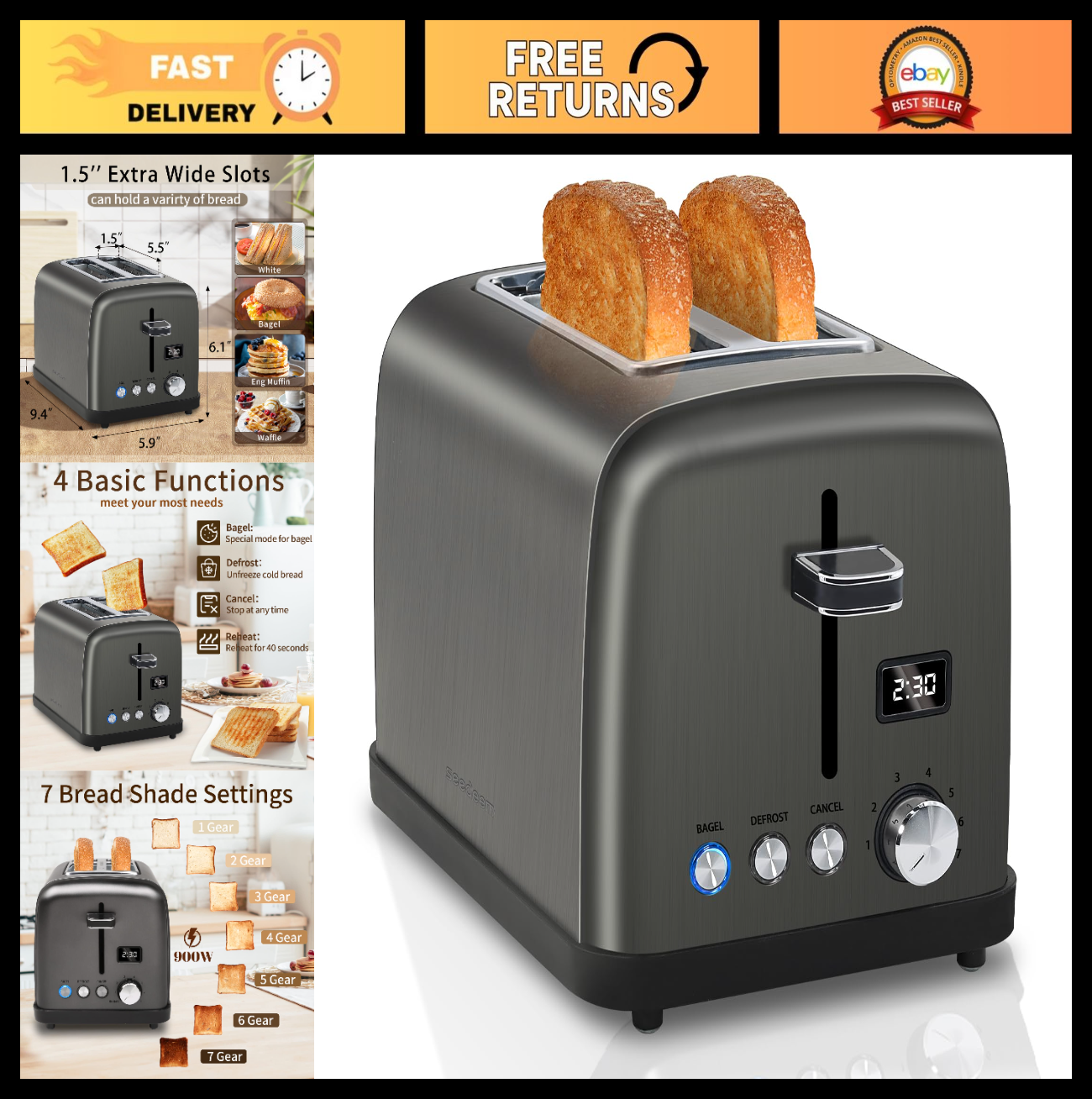 2 Slice Digital Toaster with LCD Display, 7 Shade Settings, 1.4'' Slots, Stainle0