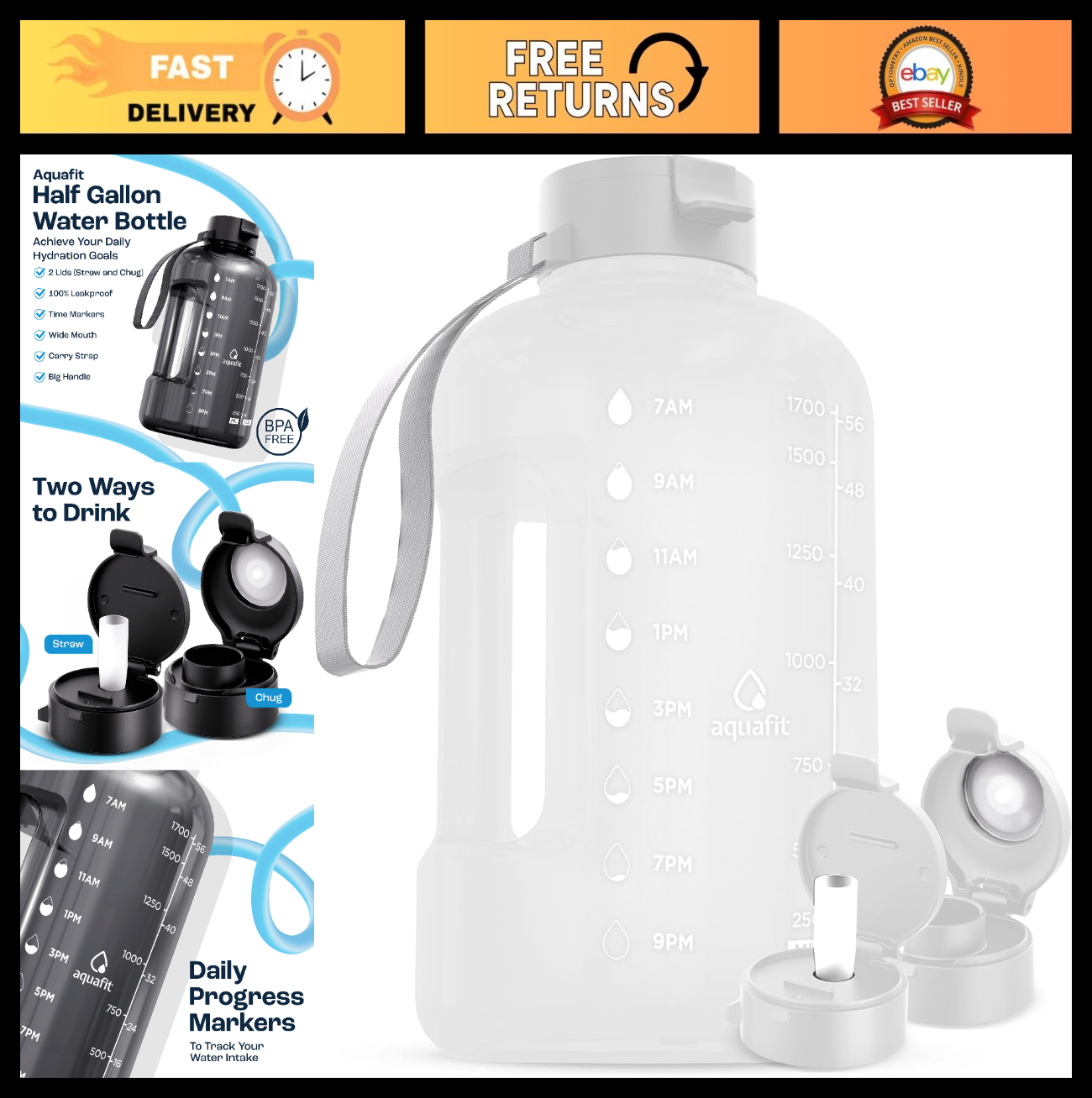 64 oz Water Bottle with Time Marker, Straw & Chug Lid, BPA Free, Half Gallon Jug0