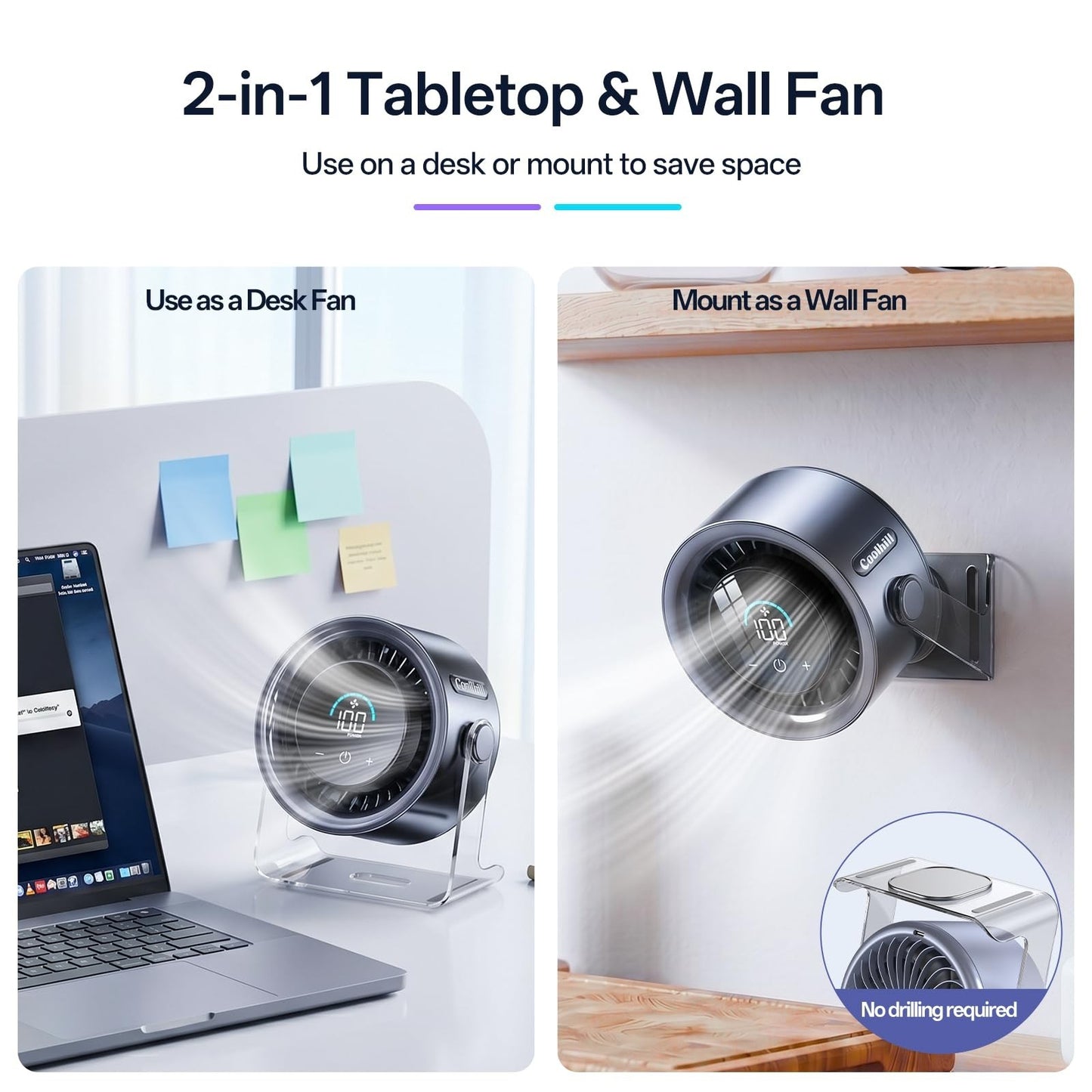 Quiet USB Desk Fan with 100 Speeds & Digital Display   Portable Rechargeable, 123