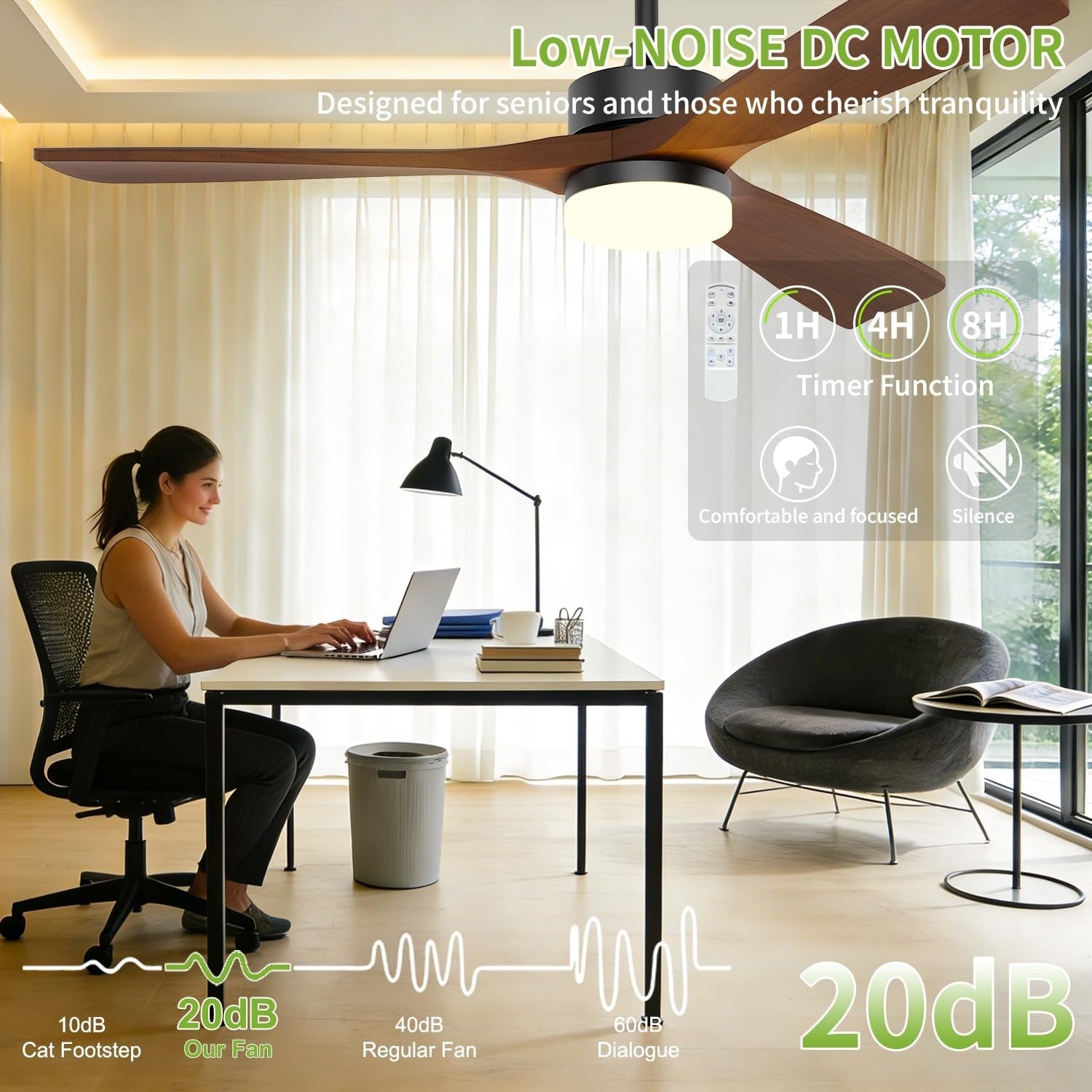 52 Inch Ceiling Fan with Lights, Solid Wood Blades, Ultra Quiet DC Motor, 6 Spee3