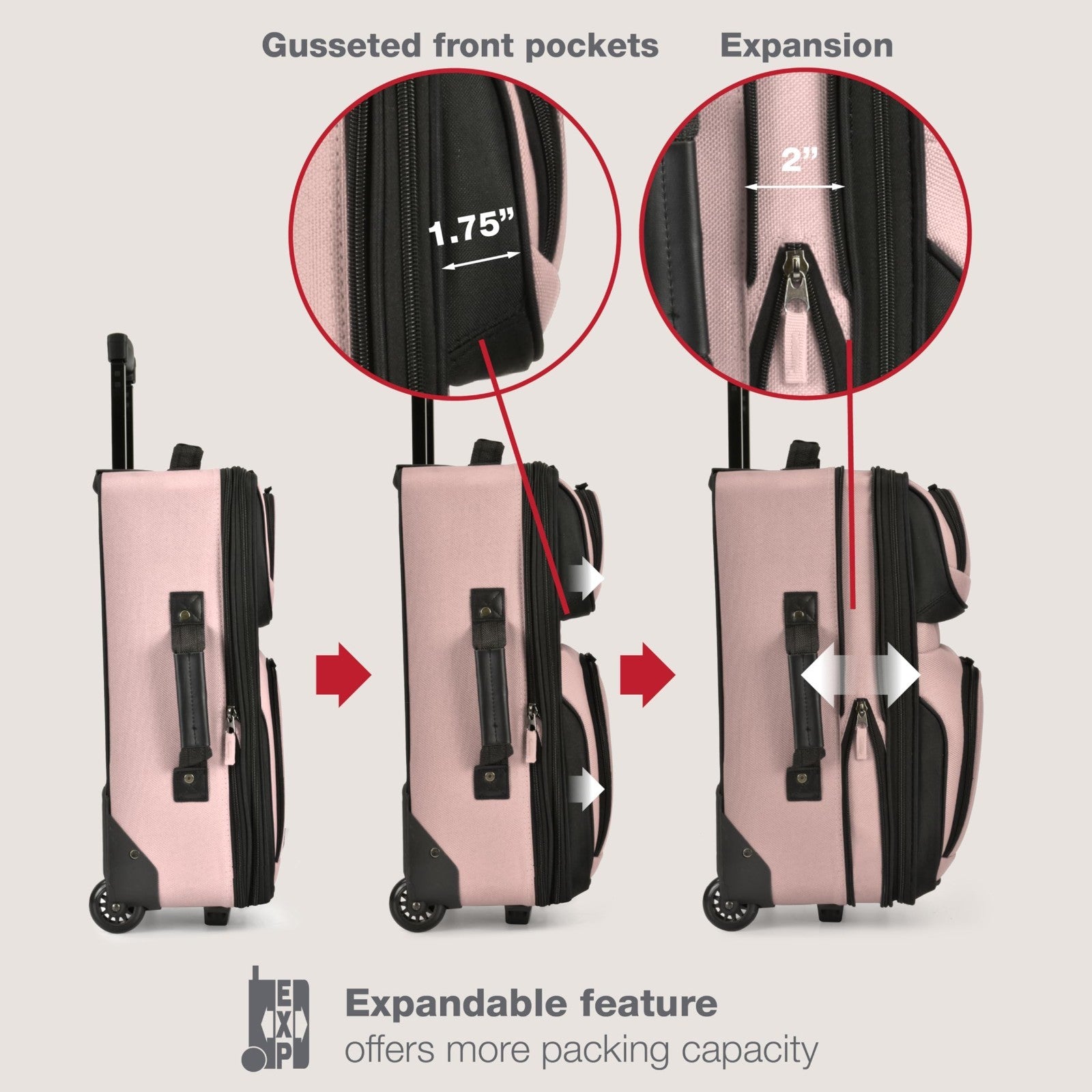 Lightweight Softside Rolling Carry-on Suitcase Set, 2-Wheel, Pink Travel Luggage5