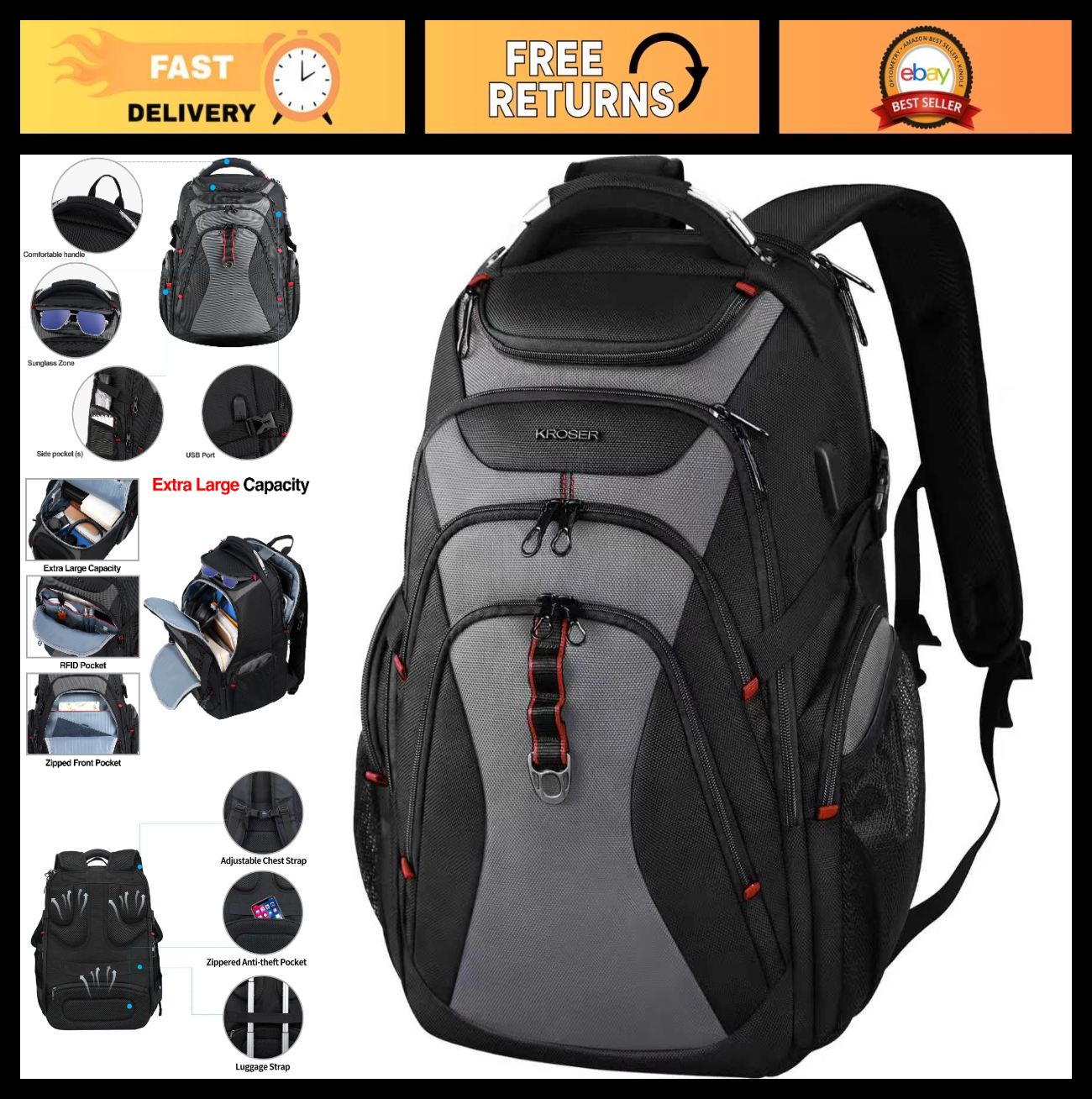 17.3 Inch Laptop Backpack, XL Computer Bag for Men, Stylish Black Grey Design0