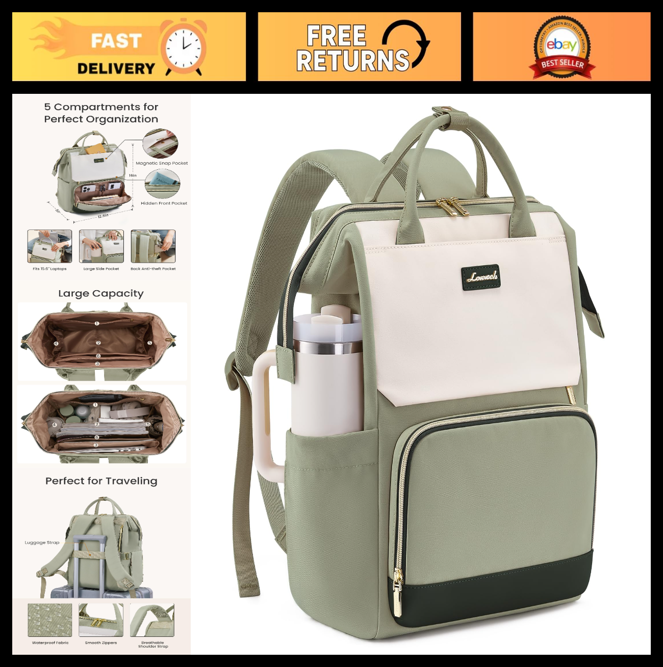 Stylish Laptop Backpack for Women   Giant Tumbler Holder, Travel, Work, Nurse, T0