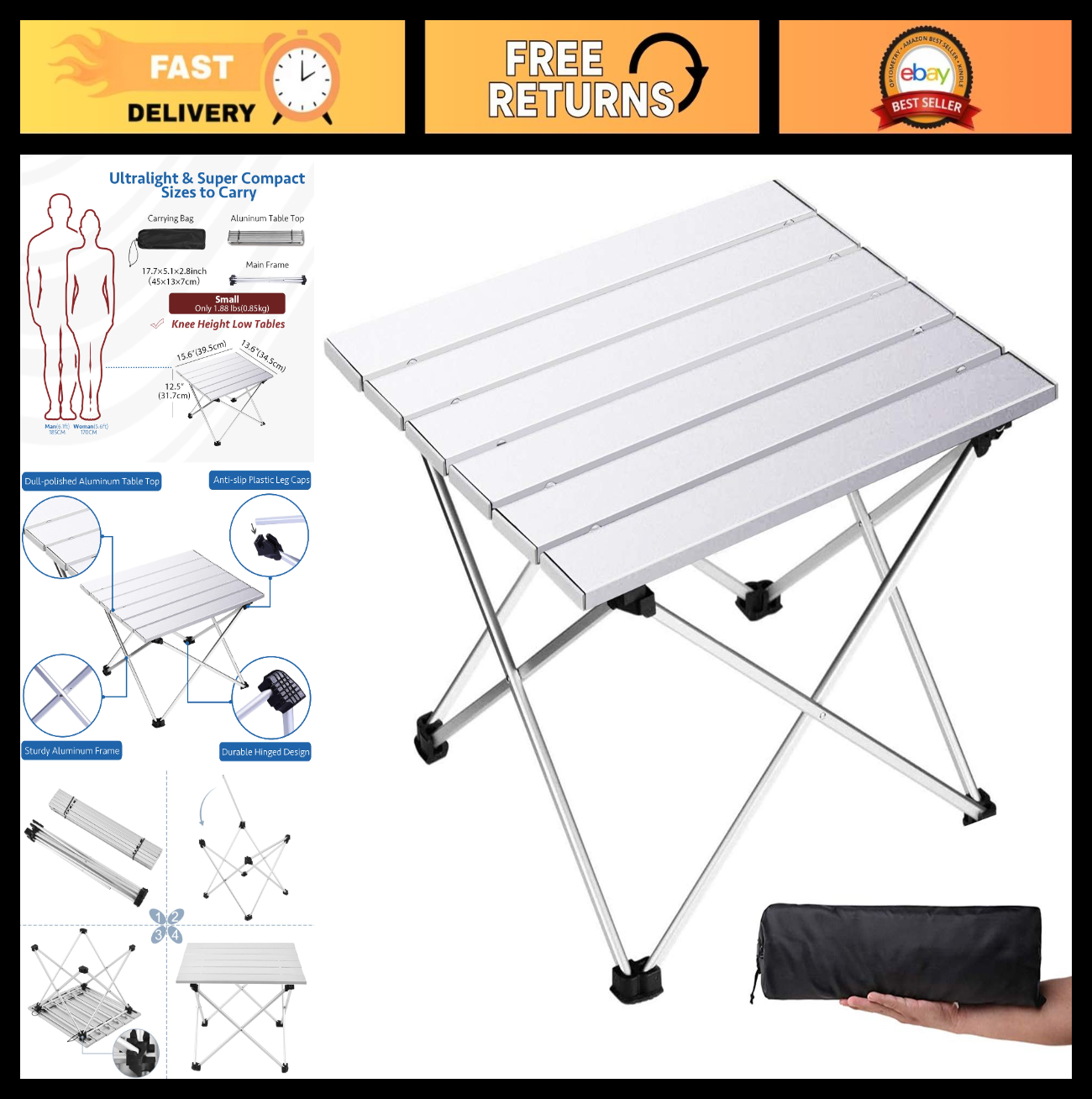 Compact Folding Camping Table with Aluminum Top, Portable Beach Table for Outdoo0
