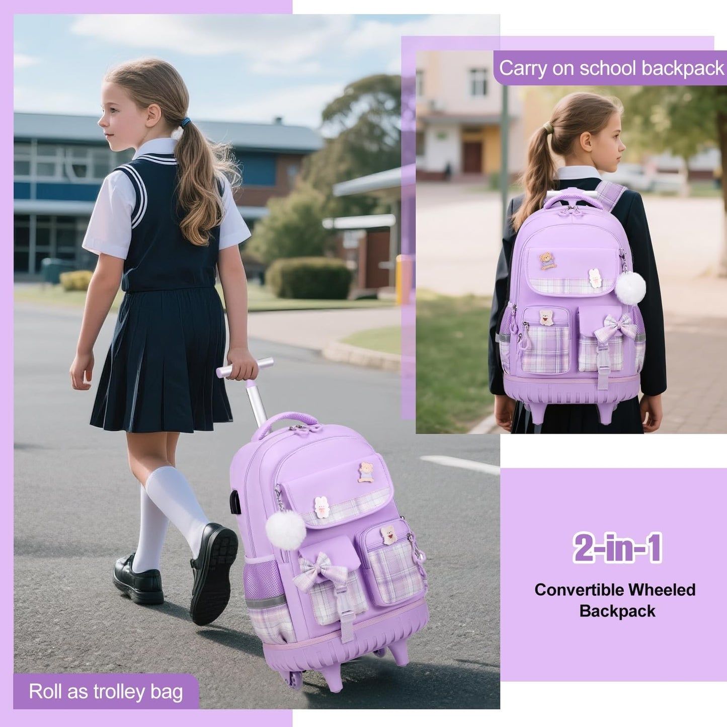 Rolling Backpack for Girls   Wheeled School Bag with Lunch Bag & Pencil Pouch, P5