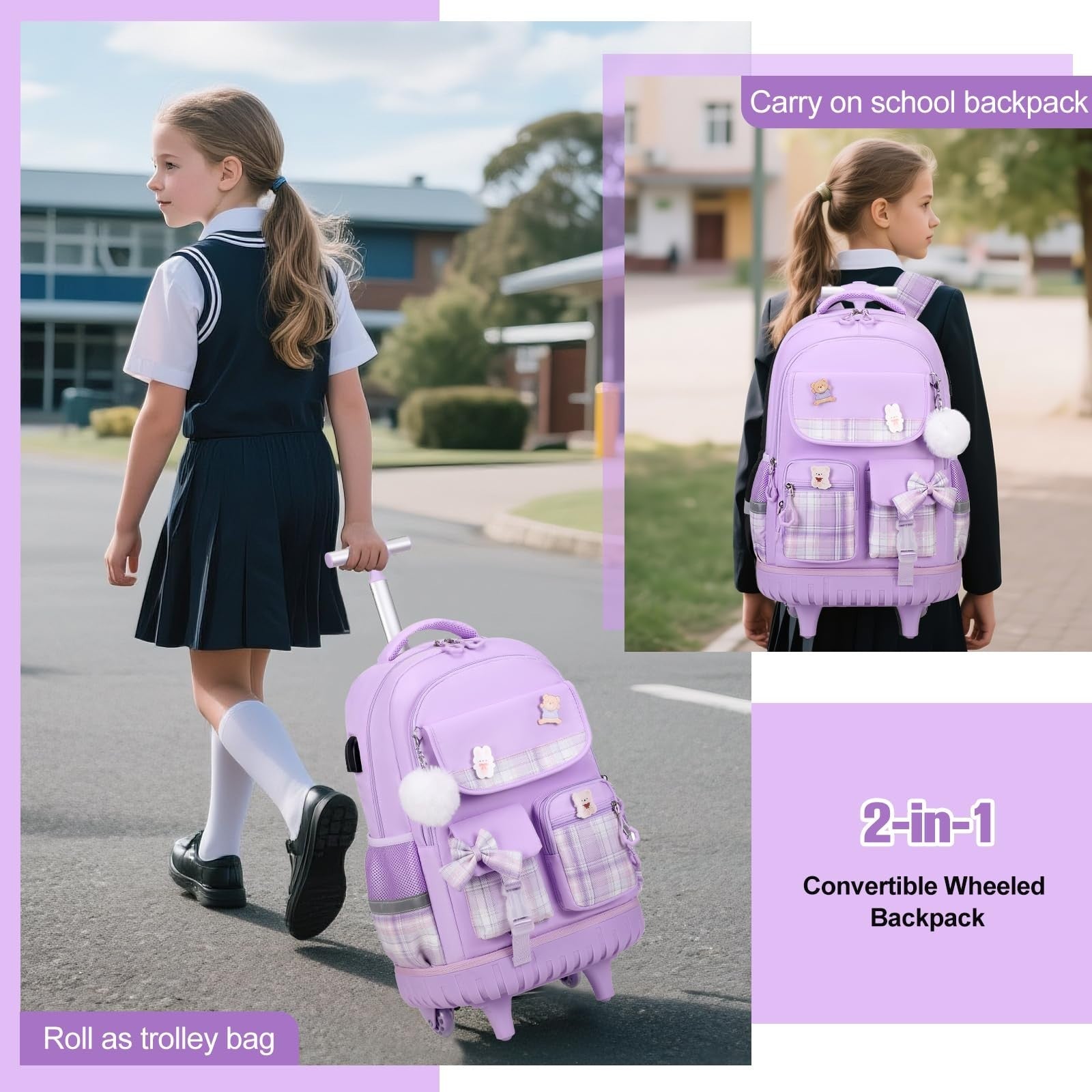Rolling Backpack for Girls   Wheeled School Bag with Lunch Bag & Pencil Pouch, P5