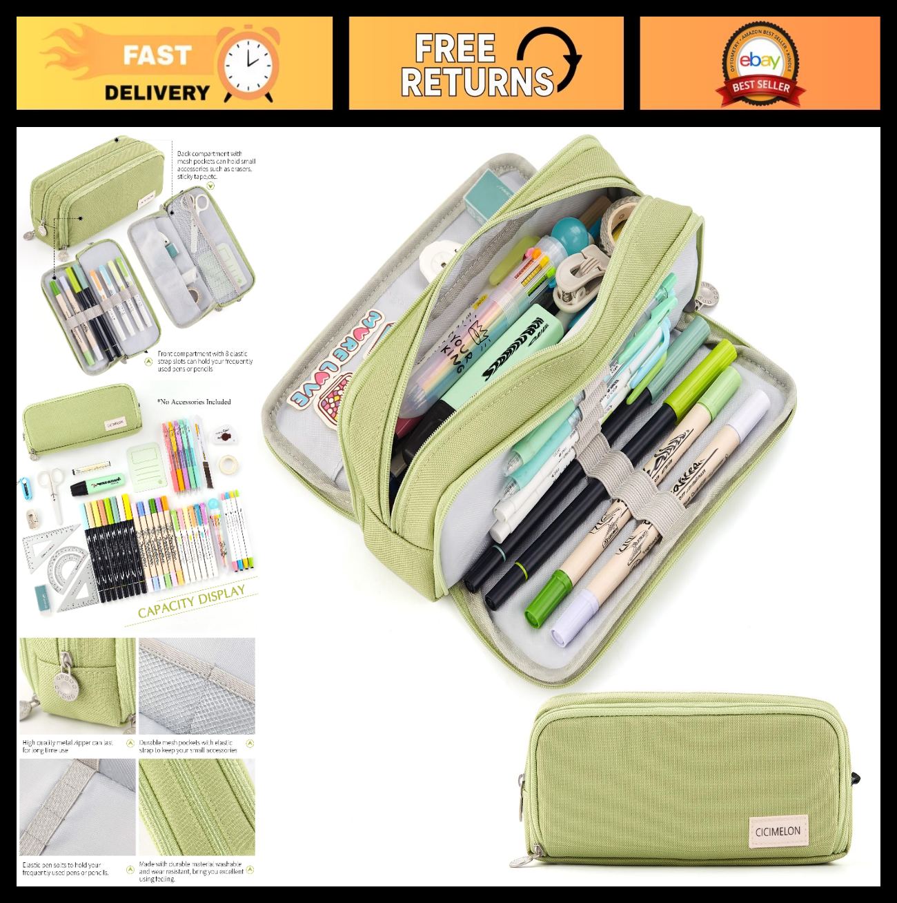 Large Capacity 3 Compartment Pencil Case Pouch for School, Teens & Adults   Gree0