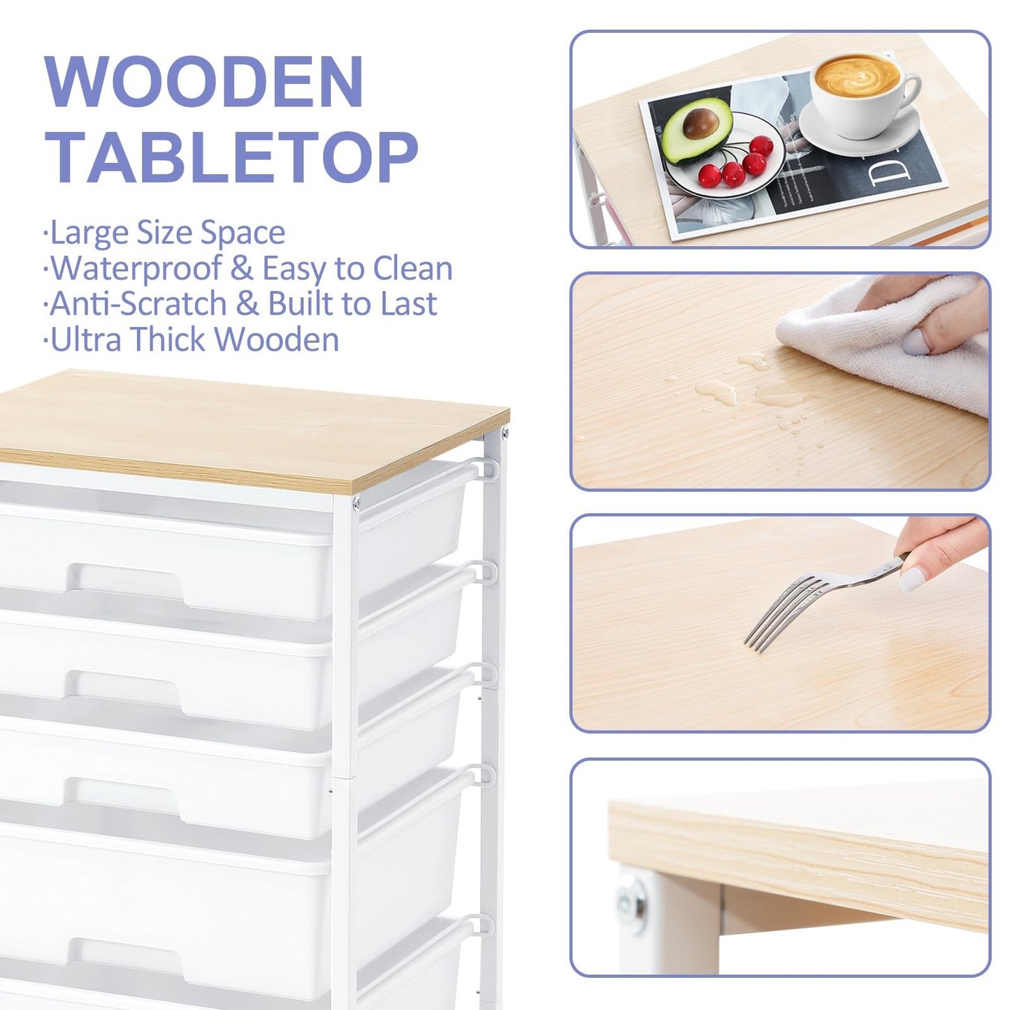 5 Drawer Utility Cart with Wooden Top, Lockable Wheels, Rolling Craft Storage Tr5