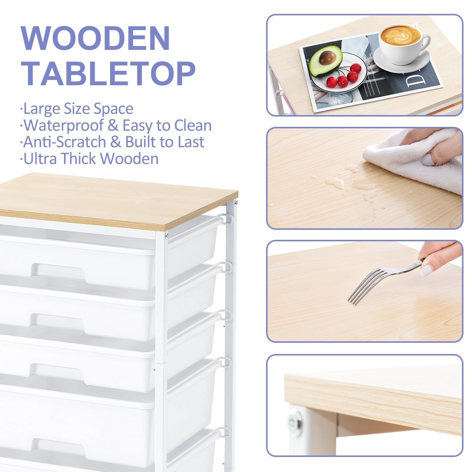 5 Drawer Utility Cart with Wooden Top, Lockable Wheels, Rolling Craft Storage Tr5