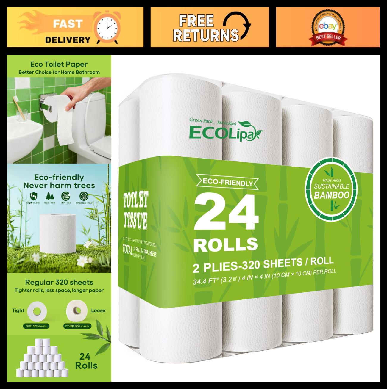 Eco Friendly Bamboo Toilet Paper   24 Double Rolls, 2 Ply, Soft & Absorbent, Sep0