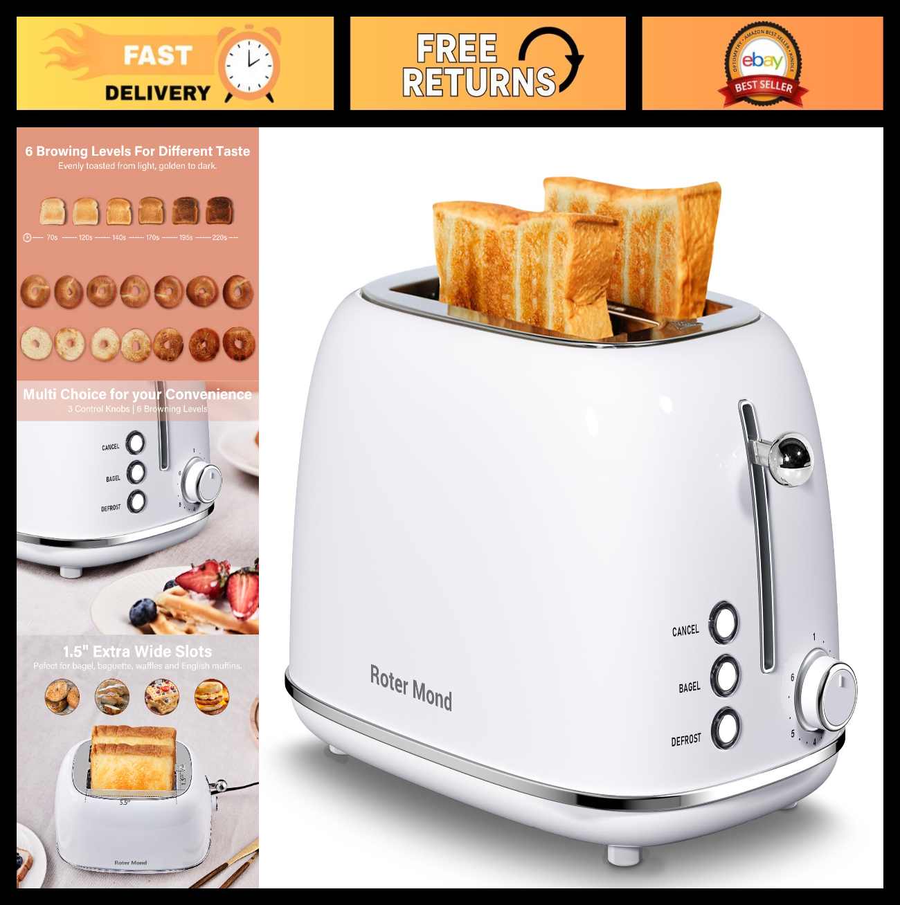 Retro Stainless Steel 2 Slice Toaster with Bagel, Cancel, Defrost, 6 Shade Setti0
