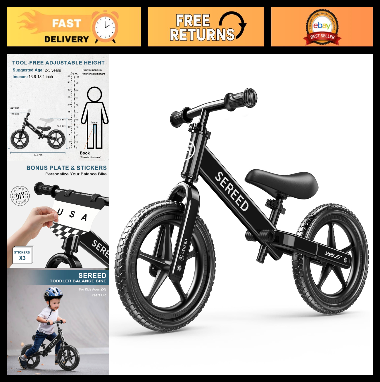 No Pedal Toddler Balance Bike for Ages 2 5, Adjustable Height, Custom Stickers,0