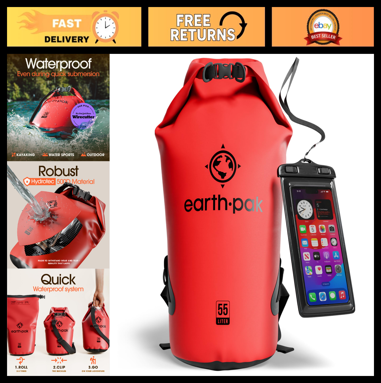 Waterproof Dry Bag Backpack   Roll Top Kayak Gear Sack & Phone Case   Keeps Gear0