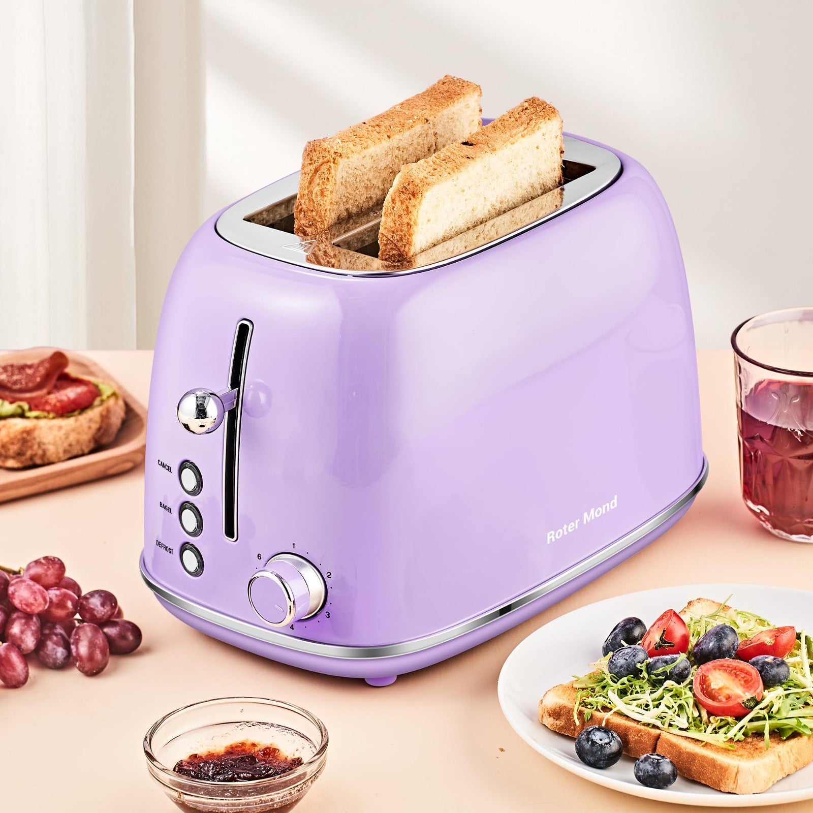 Retro Stainless Steel 2 Slice Toaster with Bagel, Cancel, Defrost, 6 Shade Setti2