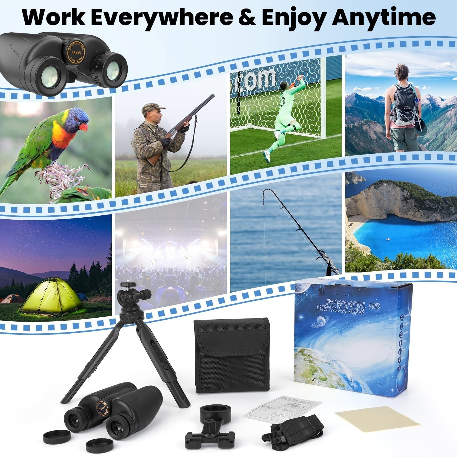 25x30 Waterproof Binoculars with Phone Adapter & Tripod for Bird Watching, Hikin3