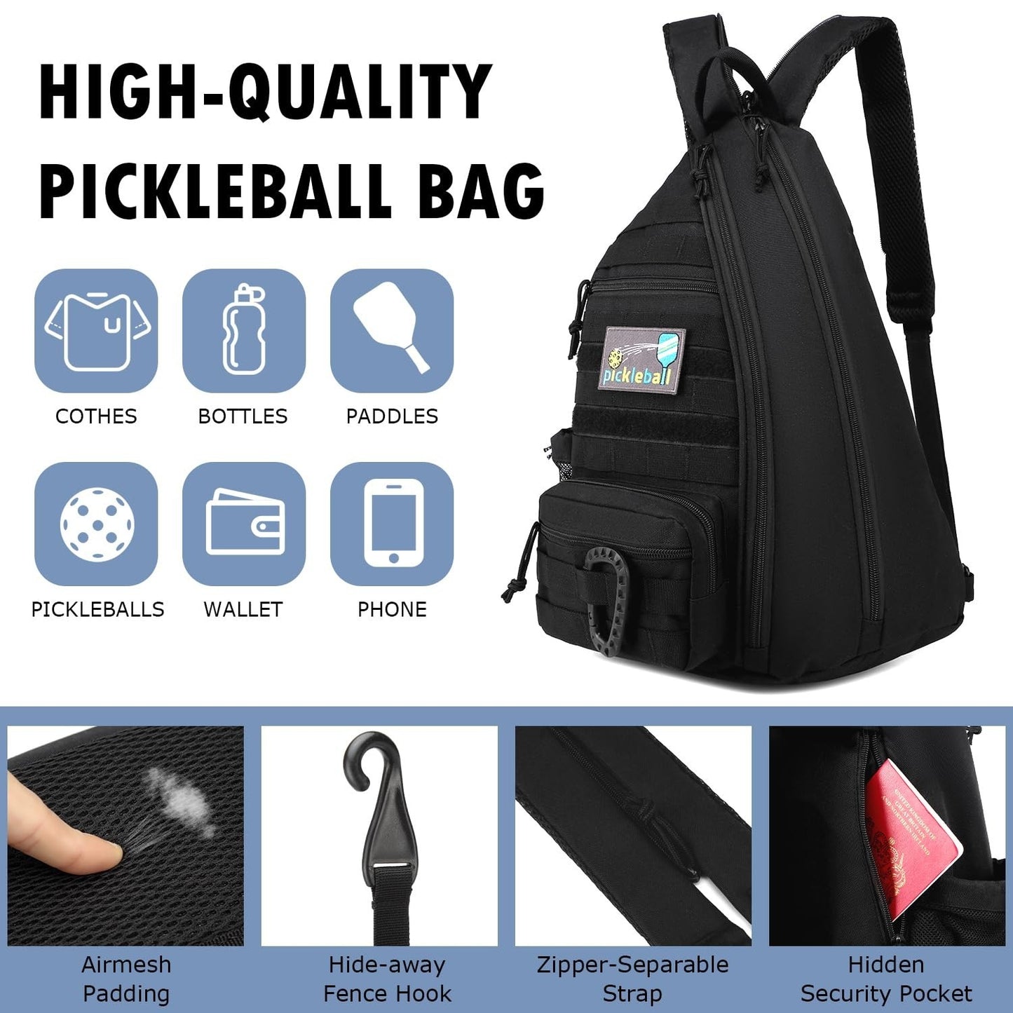 Tactical Pickleball Backpack for Men & Women | Adjustable Sling Bag with Hook &4