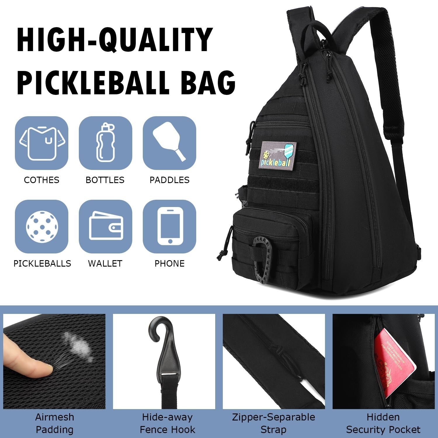Tactical Pickleball Backpack for Men & Women | Adjustable Sling Bag with Hook &4
