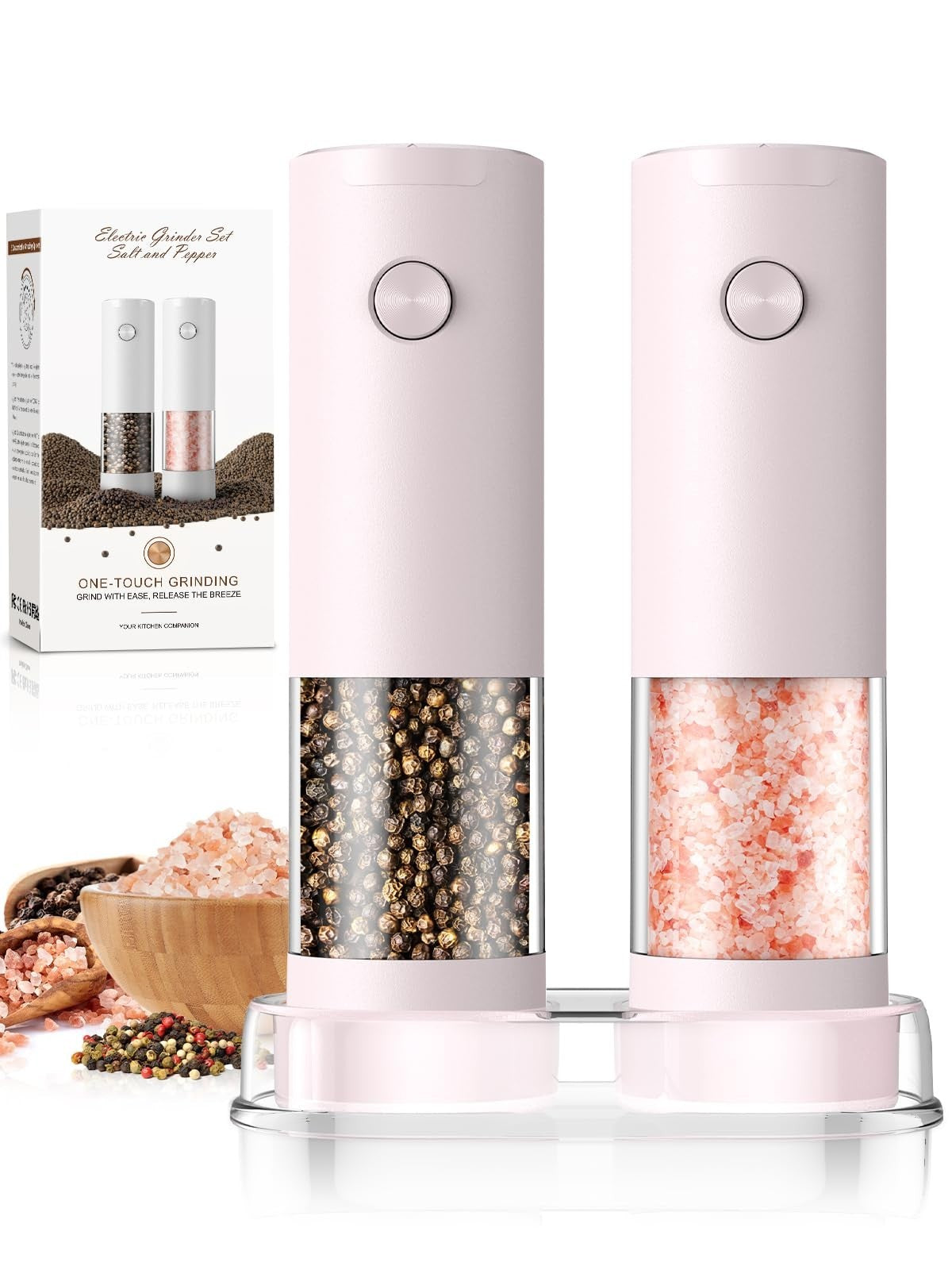 Automatic Salt and Pepper Grinder Set   Large Capacity, Pink   Perfect Housewarm1