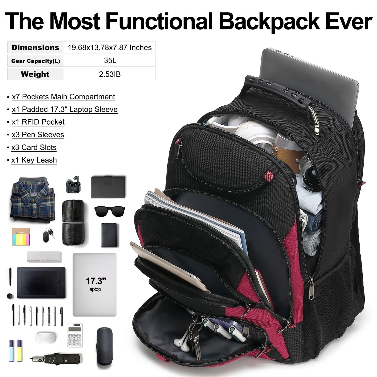 17.3" Waterproof Laptop Backpack with USB Port, Anti Theft Travel Bag for Work &4