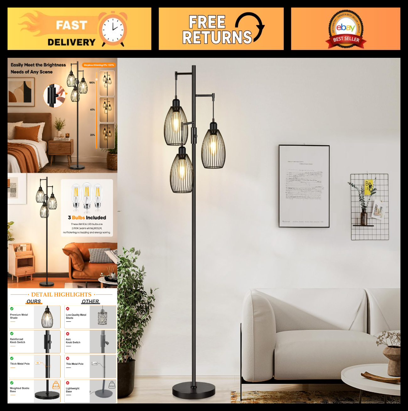 Dimmable Floor Lamp with 3 LED Edison Bulbs, Industrial Farmhouse Design for Liv0