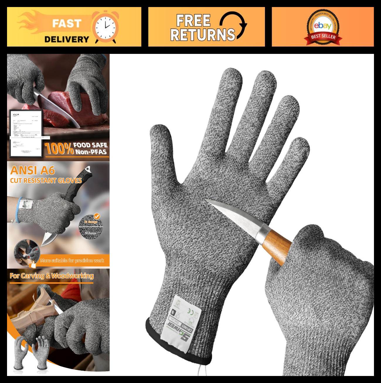 Cut Resistant Gloves   ANSI A6, Food Grade, Non PFAS, Kitchen Prep, Meat & Fish0