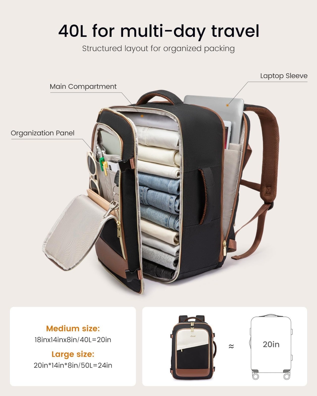 40L Travel Backpack for Women - Carry-On Approved, Fits 17" Laptop, Waterproof G3
