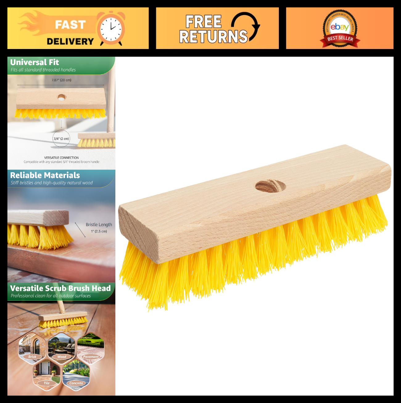 Heavy Duty Deck Scrub Brush Head 7.87" - Nylon Bristles for Concrete & Wood Clea0