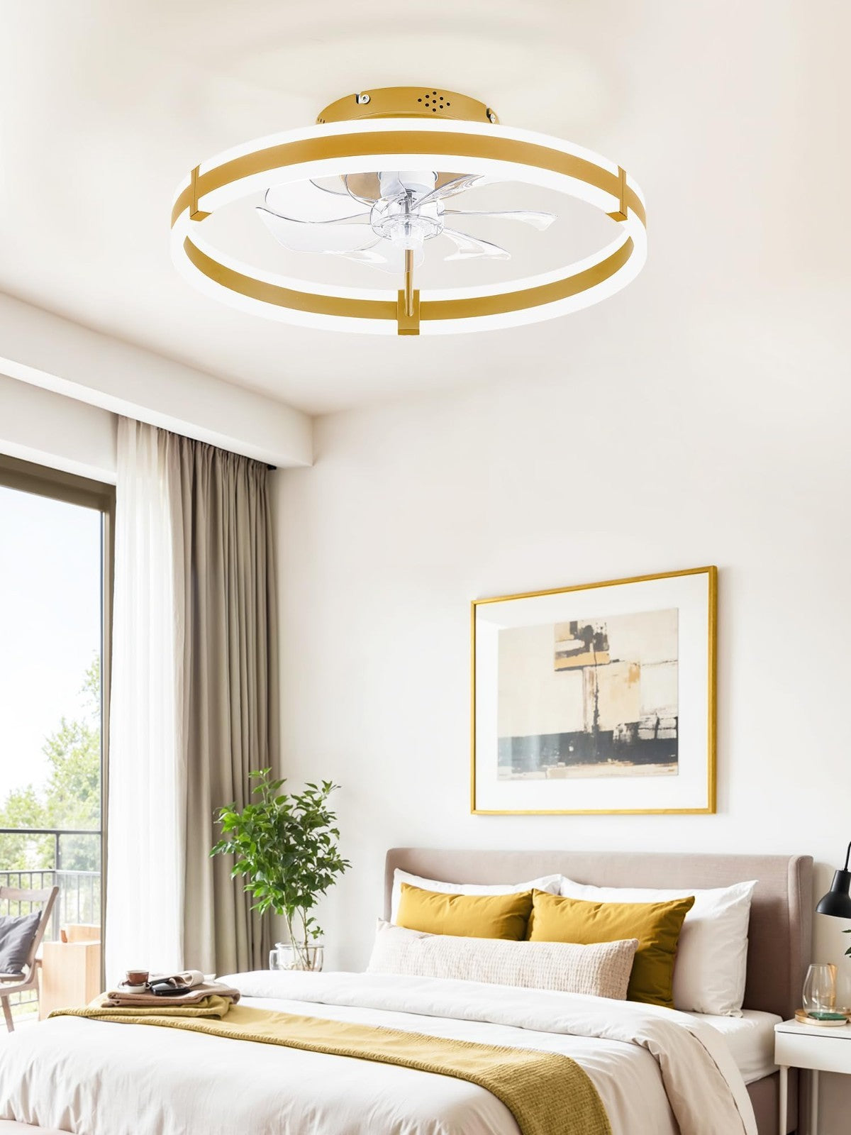 Low Profile Ceiling Fan with Lights & Remote, Dimmable LED, 6 Speeds, Gold Fande6