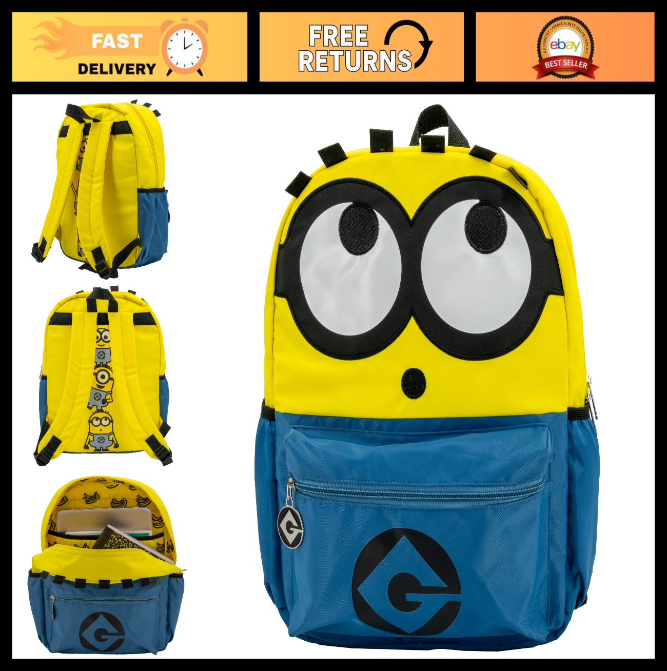Minions Backpack for Kids   16 Inch Schoolbag with 3D Features, Yellow, Boys & G0