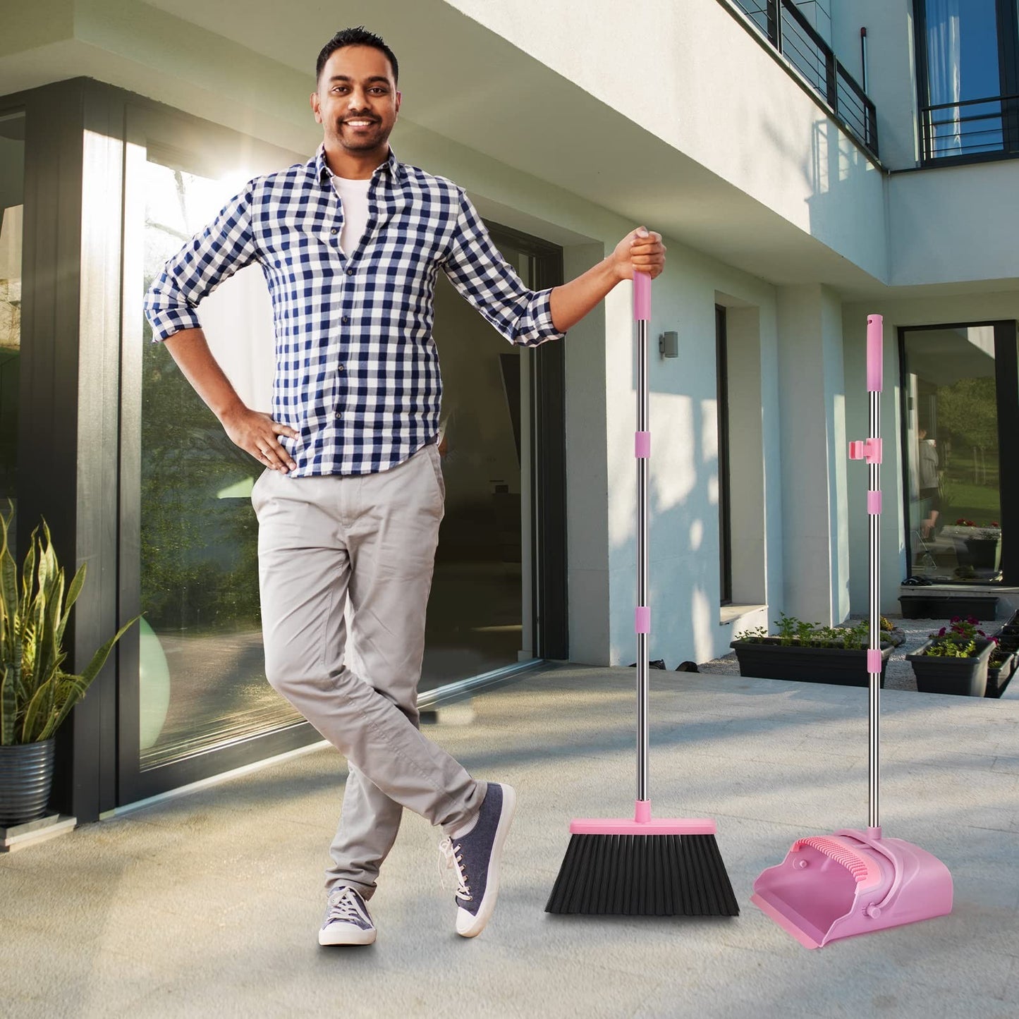 Stand Up Broom and Dustpan Set for Home & Office - Indoor/Outdoor Sweeping, Pink7