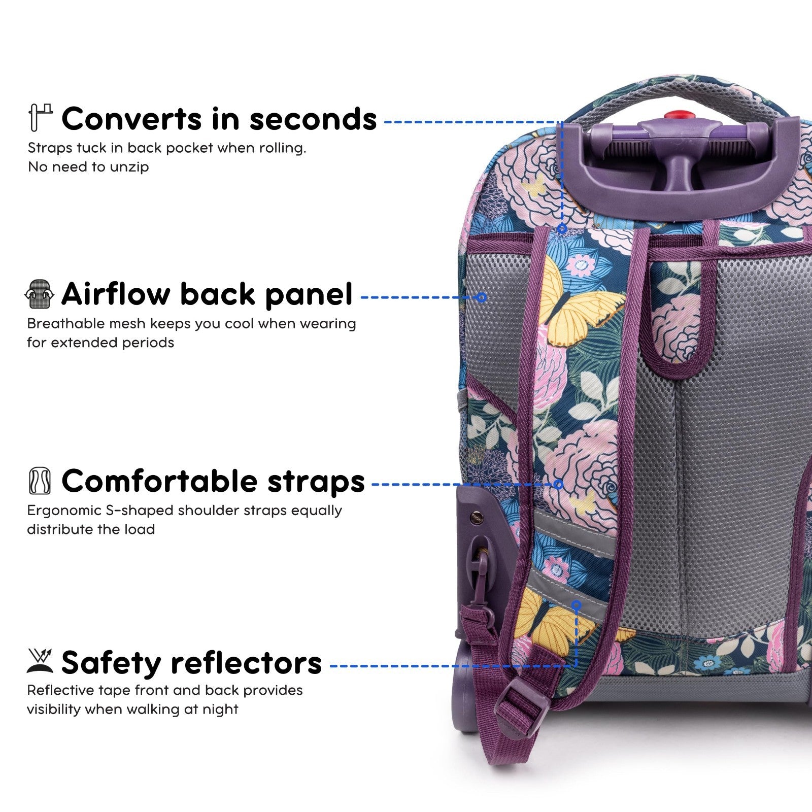 Kids Rolling Backpack with Wheels, 18" School Bookbag for Girls & Boys, Floral D6