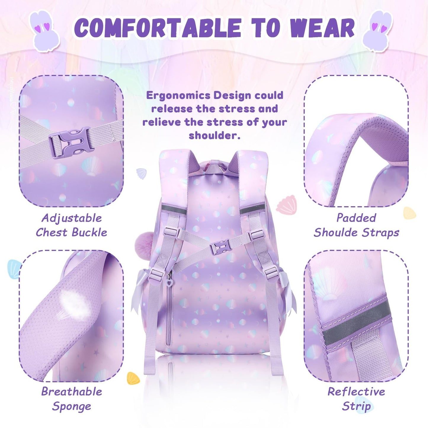 Girls' Purple Shell Backpack - Kids School Book Bag for Elementary & Primary Use3