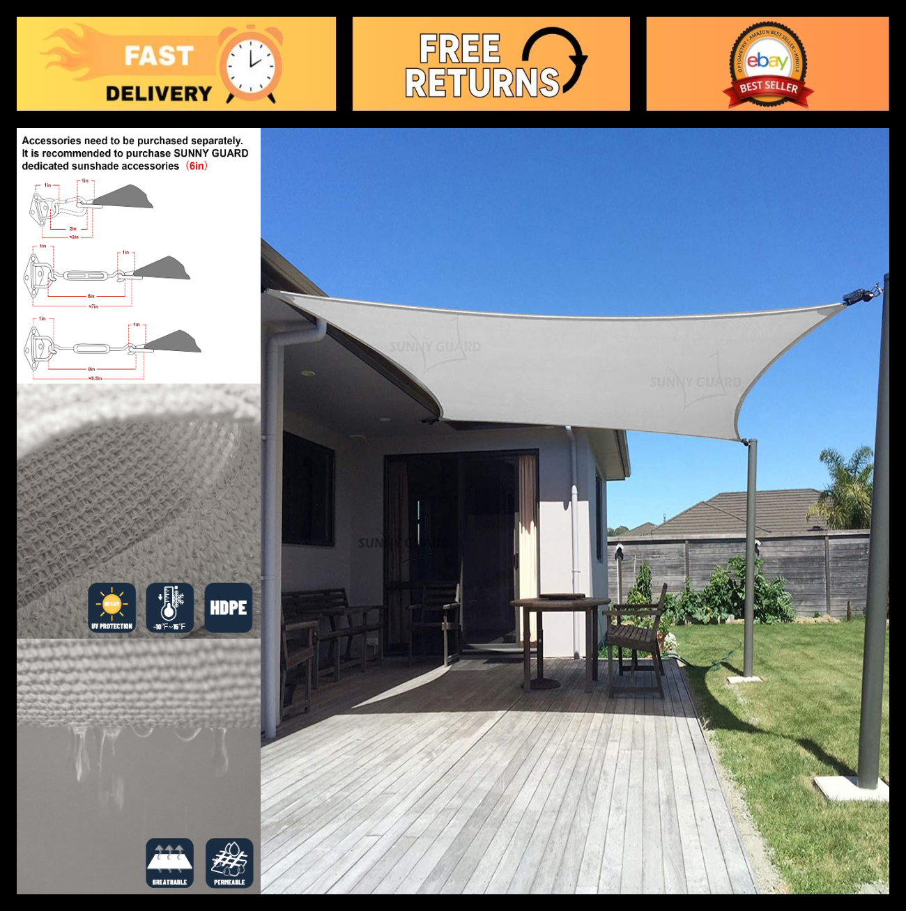 10' x 13' Rectangle Shade Sail Canopy   95% UV Protection for Patio, Garden, Dec0