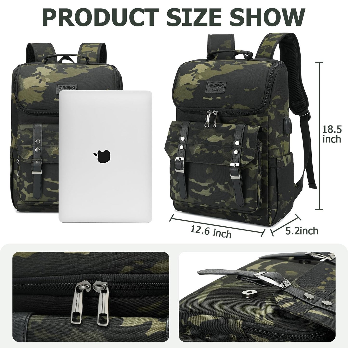 Vintage Camouflage Laptop Backpack with USB Charging Port - Travel College Bag f4