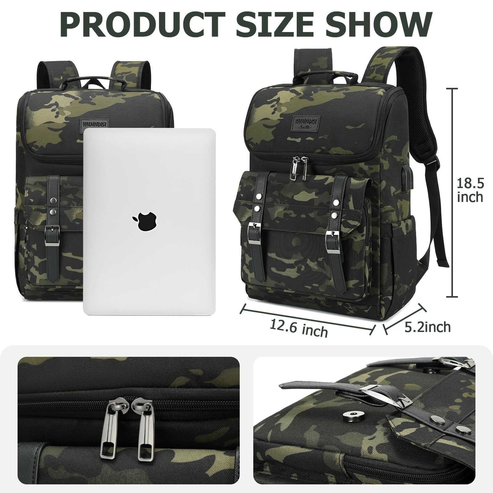 Vintage Camouflage Laptop Backpack with USB Charging Port - Travel College Bag f4