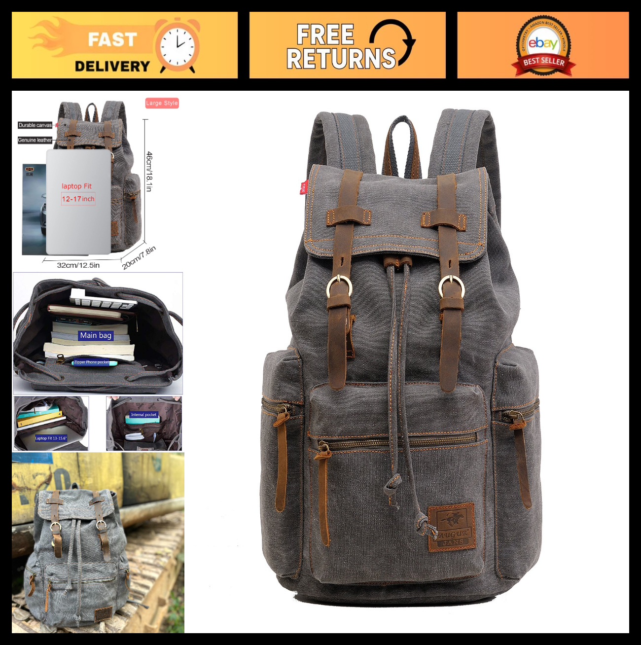 High Capacity Vintage Canvas Backpack for School, College, Hiking & Travel   Fit0