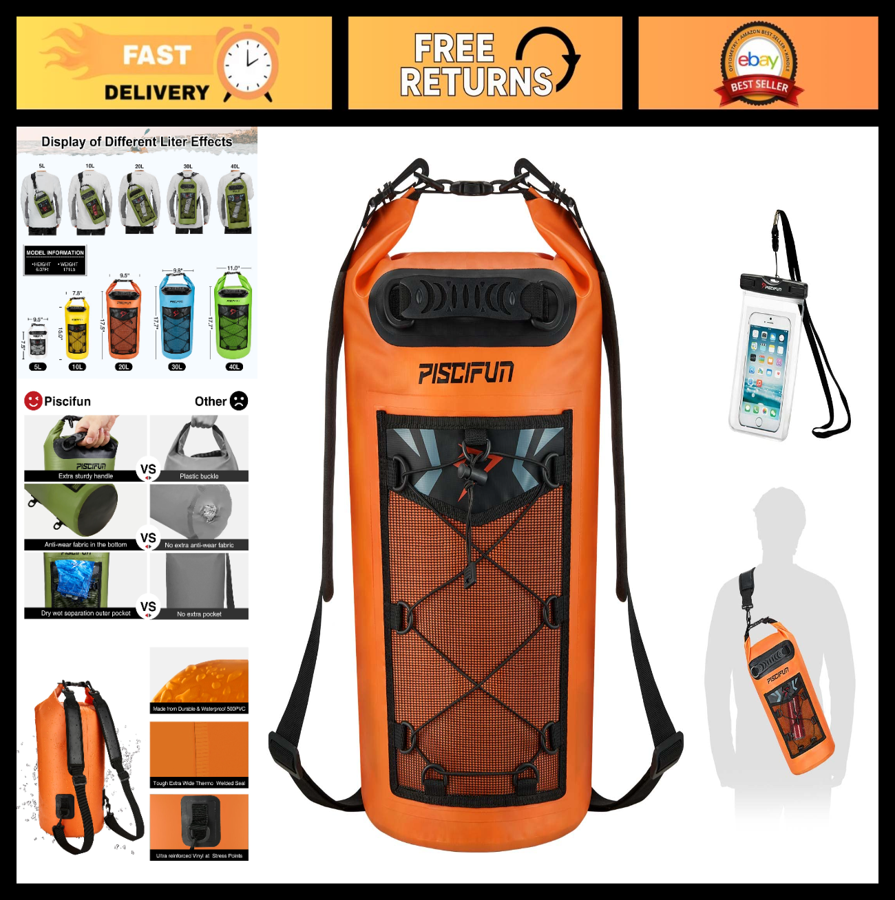 Waterproof Floating Backpack 10L/20L/30L/40L with Phone Case for Kayaking & Fish0