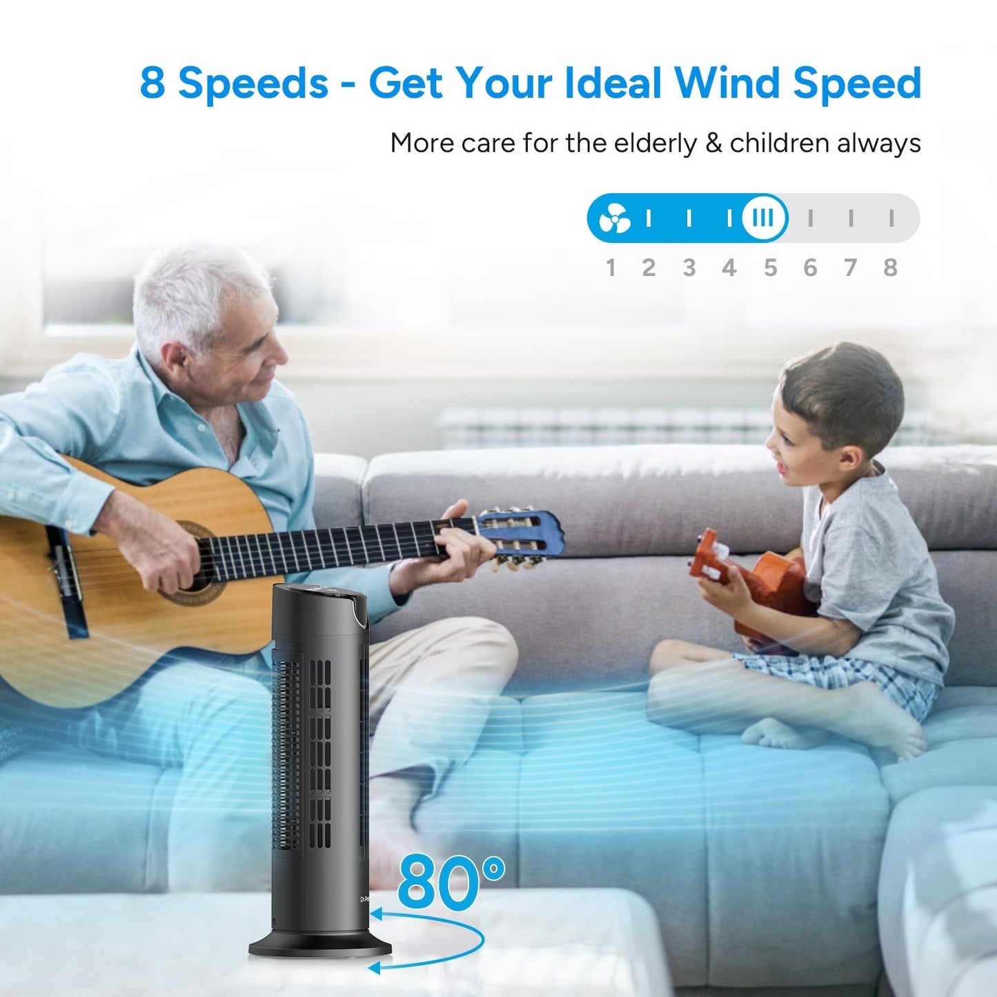 Quiet Bladeless Tower Fan with Remote, 8 Speeds, 80° Oscillation, 16" Portable I4