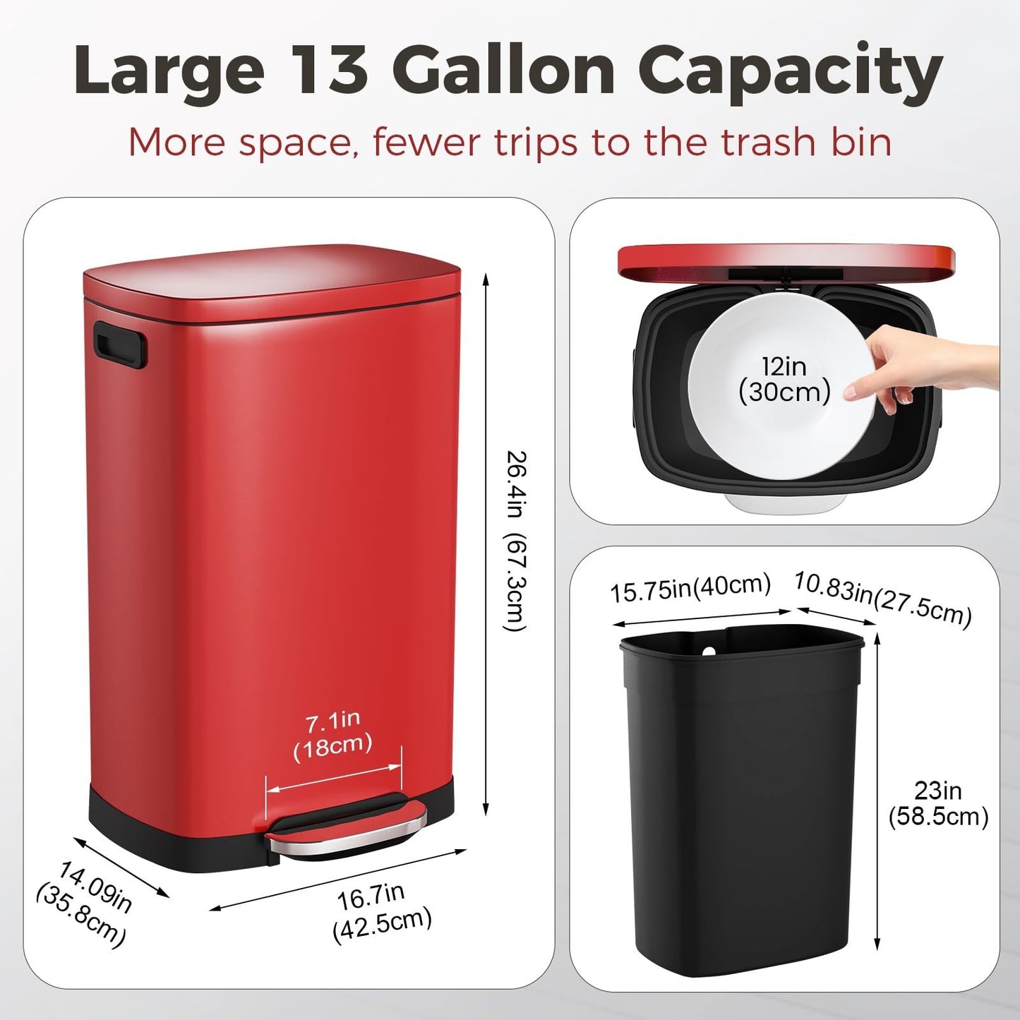 13 Gal Stainless Steel Kitchen Trash Can with Soft Close Lid & Removable Bucket3