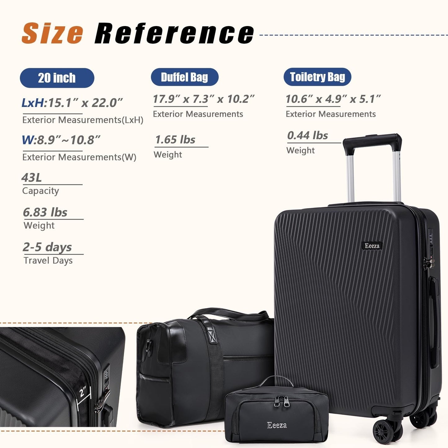 3-Piece Hardcase Carry-On Luggage Set 20" Black - TSA Approved, Scratch Resistan8