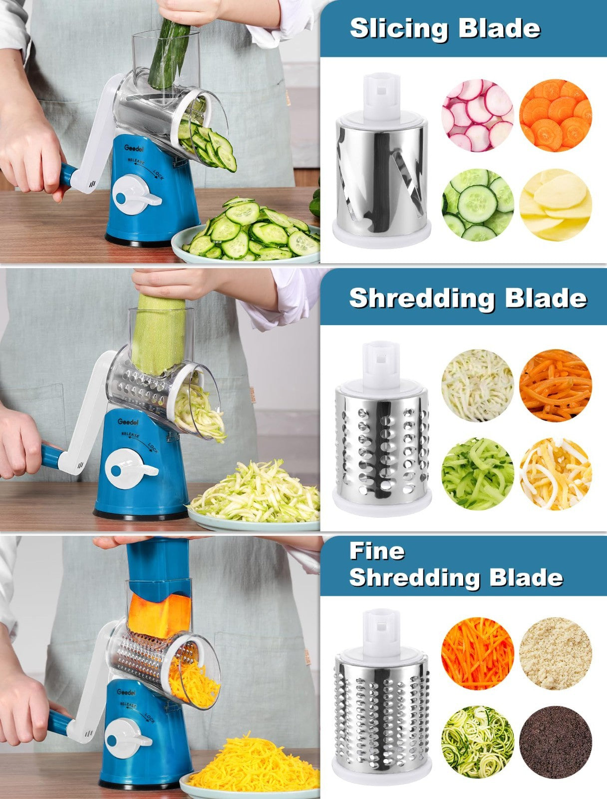 Rotary Cheese Grater & Vegetable Slicer   5 Blades, Stainless Steel, Fast Cuttin4