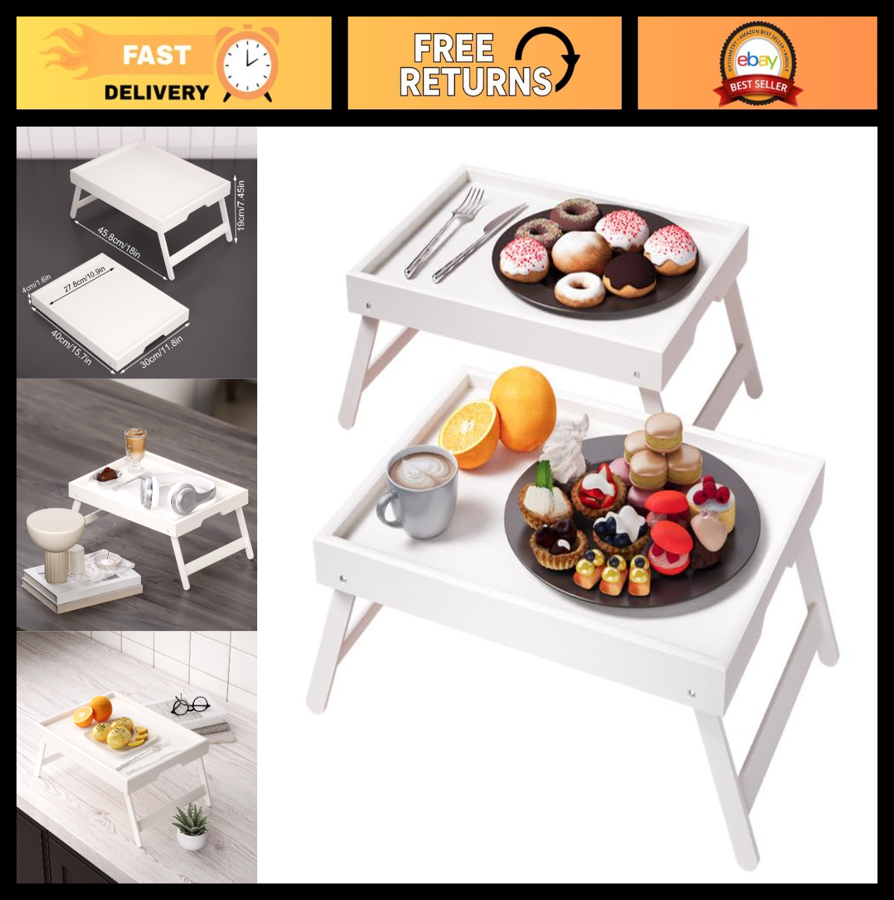 2 Pack Folding Bamboo Bed Tray Tables - Breakfast, Snack & Laptop Serving Trays0