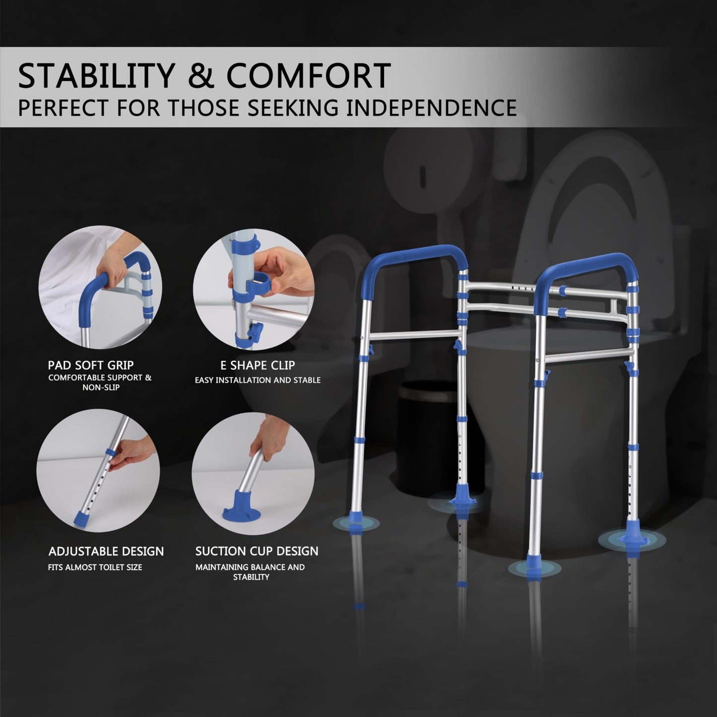 Adjustable Toilet Safety Rails   350 lbs Capacity, Foldable Design, Fits Most To3