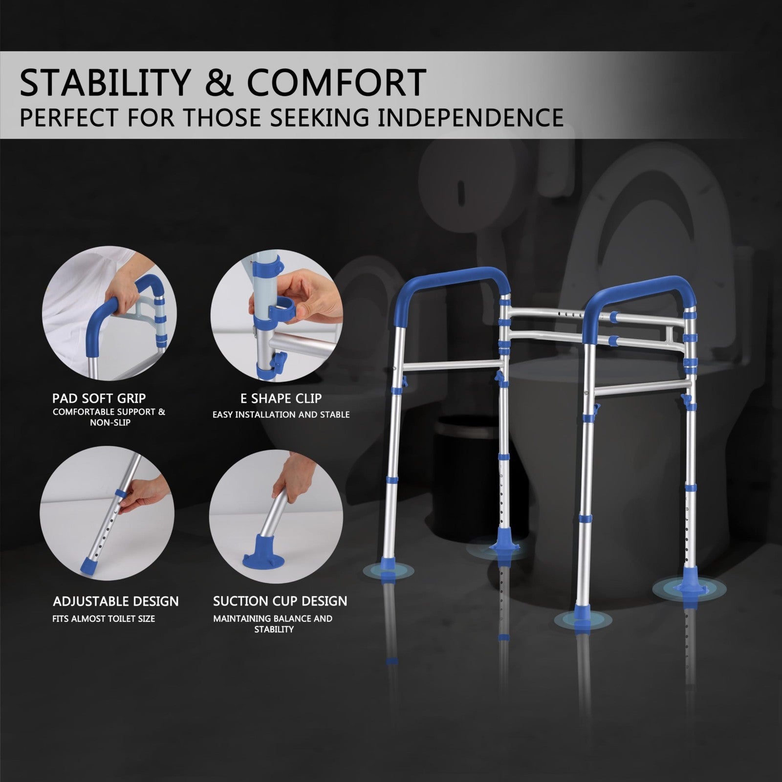 Adjustable Toilet Safety Rails   350 lbs Capacity, Foldable Design, Fits Most To3