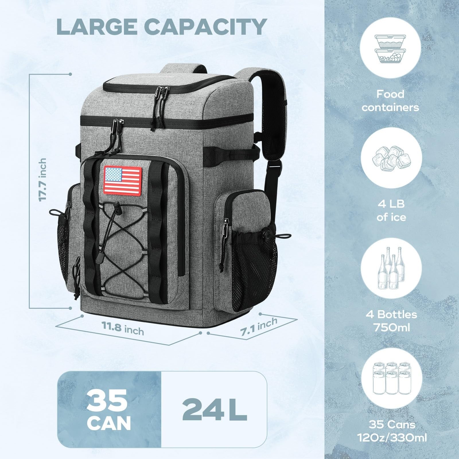 Insulated Backpack Cooler - 35/50 Can, Leakproof Soft Bag, Keeps Food Cold 16H,3