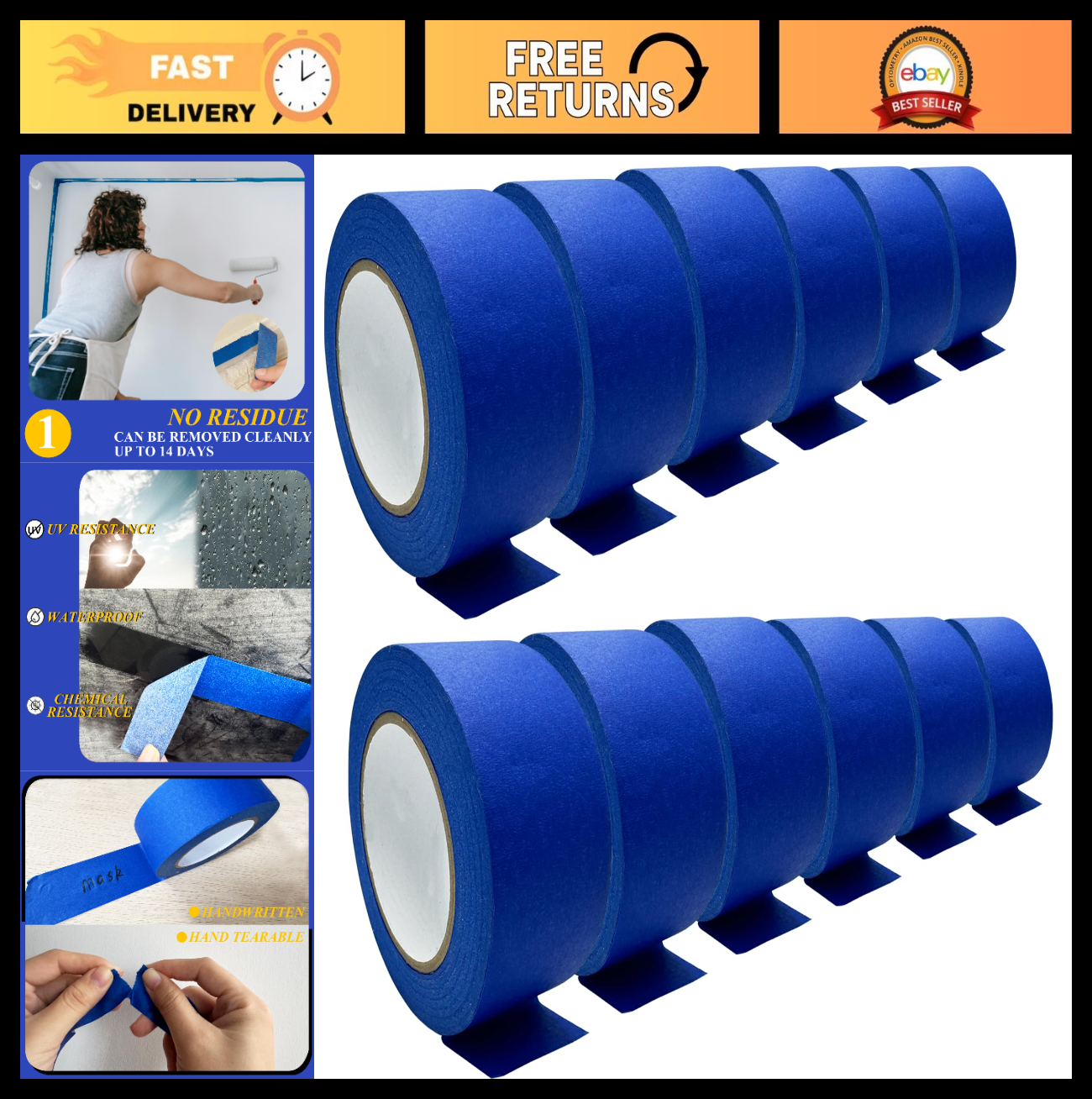 Premium Blue Painters Tape   No Residue, Easy Removal, 12PCS, 1.88" x 60.1 Yd  0